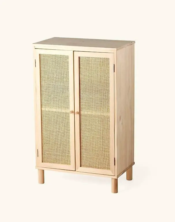 Schrank Holz Kiefer Rattan Geflecht Kommode