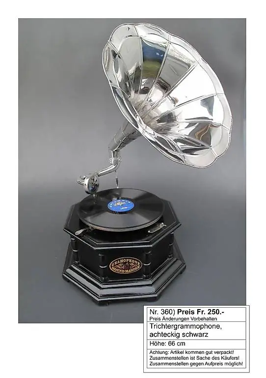 Trichtergrammophone, achteckig schwarz, antik look
