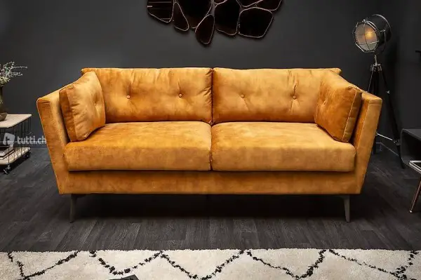  Elegantes 3er Sofa LEO - 220cm senfgelb Samt