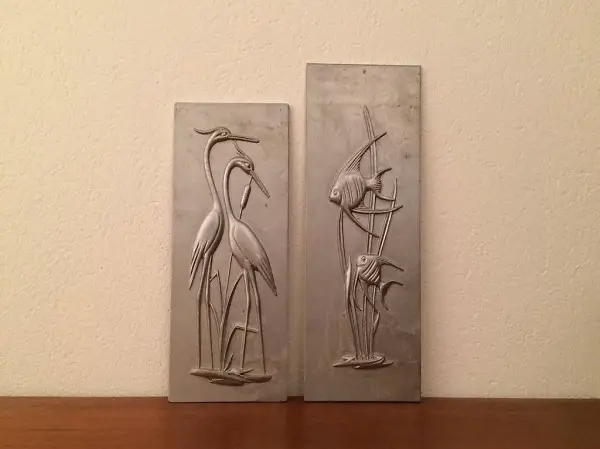 2x mid century Wanddeko Wandschmuck Kraniche / Fische 60er