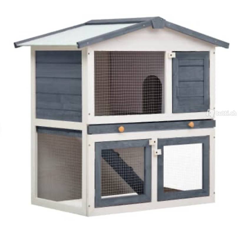  Kaninchenstall 3 Türen Grau Holz