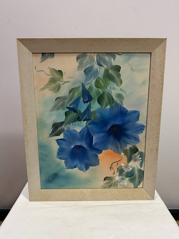 Signiertes Blumengemälde mit blauen Blüten von P. Egli 1995