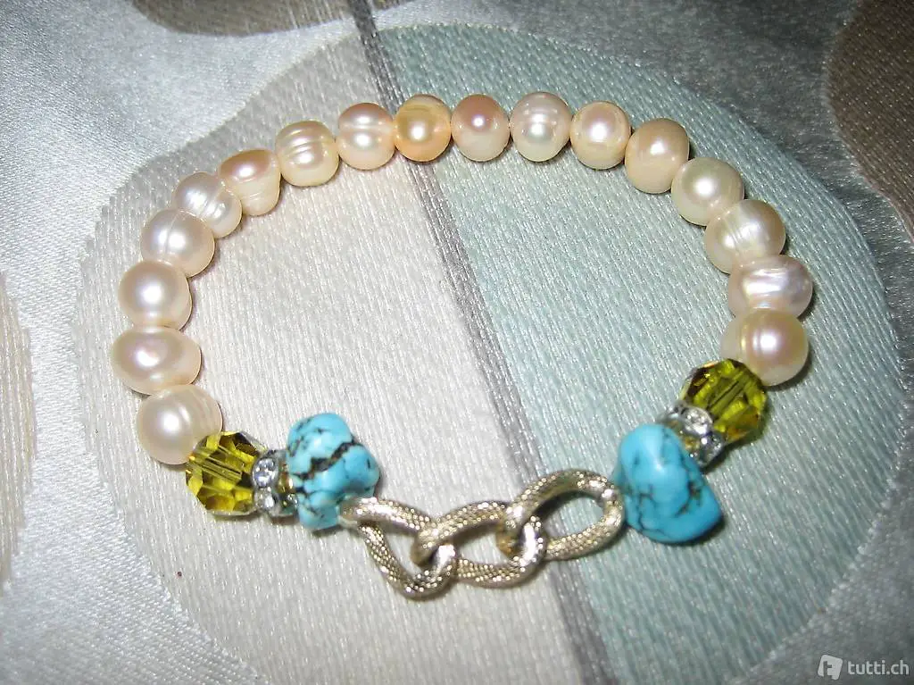 Armband Süsswasserperlen hell grün Türkis silber gold