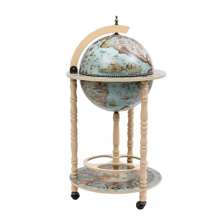 Globus-Bar mit Flaschenregal Eukalyptusholz Blau