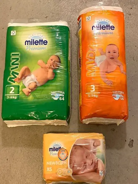 Milette Windeln Nr. newborn XS, 2 MINI, 3 MIDI NEU