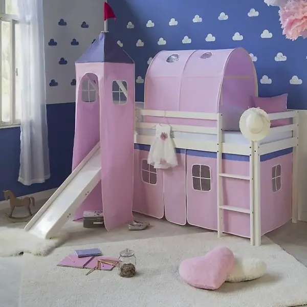  Weisses Kinder Hochbett mit Rutsche, Leiter 90x200 cm