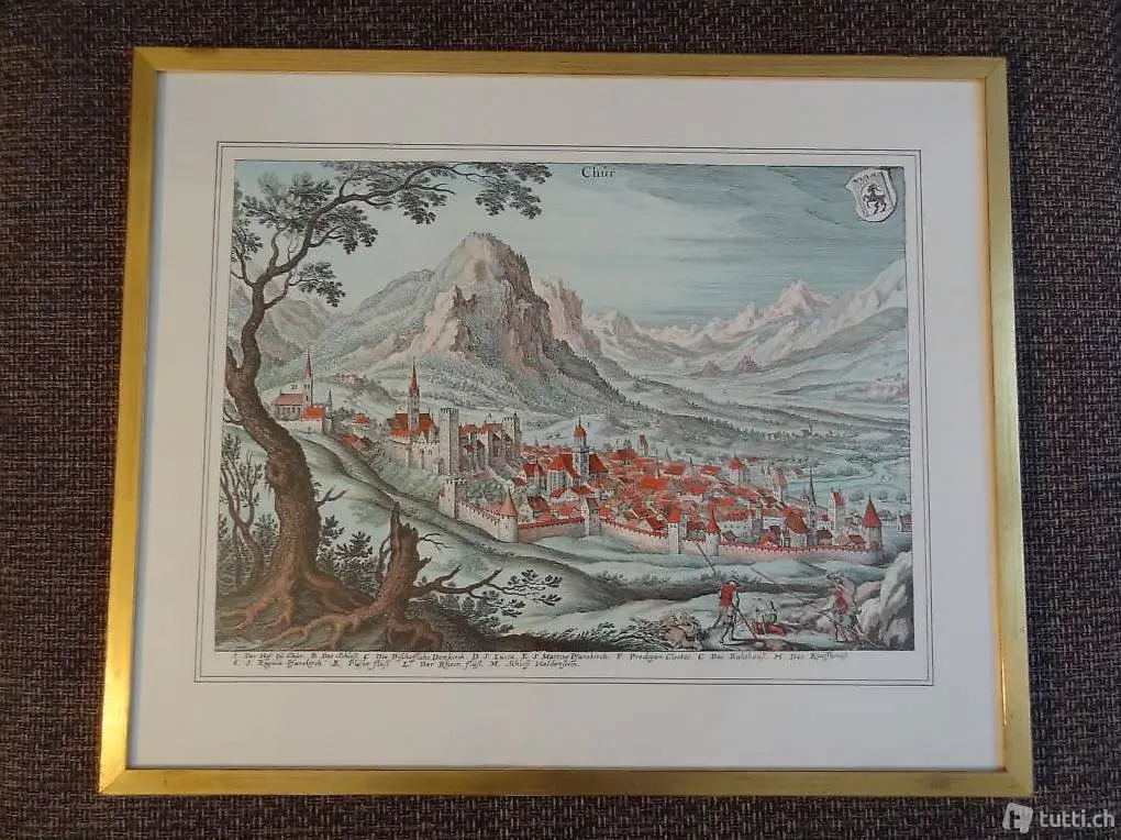 Chur von 1654, Stich Repro, Handlithographiert, Handpresse