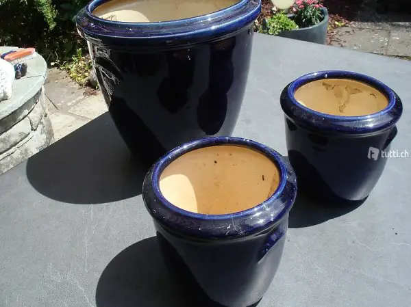 Blumenübertöpfe, 3 Stück, blau, gebraucht