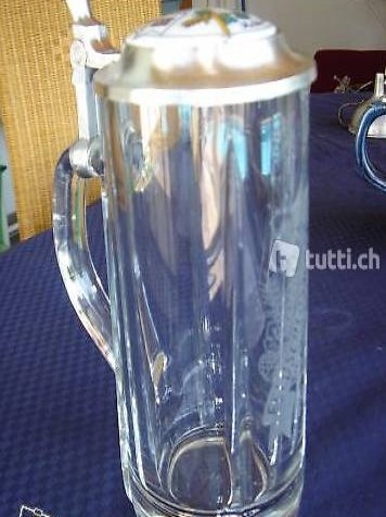  Feldschlösschen mit Zinndeckel, Tulpe, Trinkglas, Chübeli