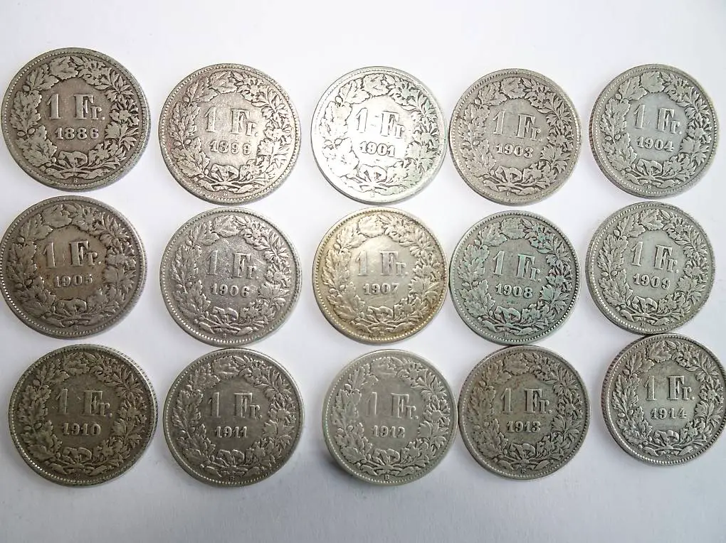 1 Franken silber 15 Jahrgänge, nur zusammen zu verkaufen