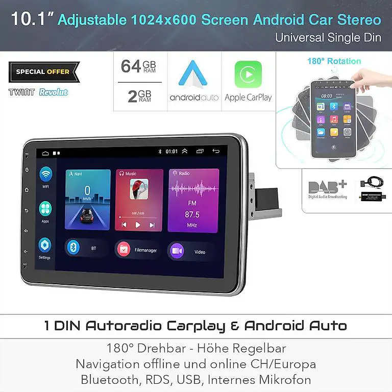 1 DIN Autoradio Carplay 64GB 10 Zoll DAB Android 13 Ducato