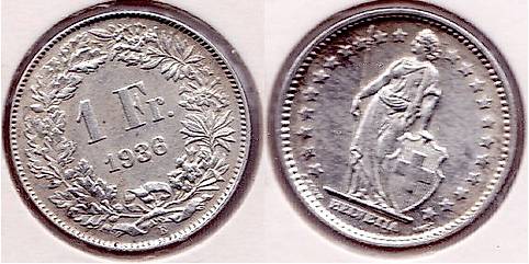 Schweiz Suisse Svizzera 1 Fr. 1936 HELVETIA (5 g. 835-SILBER