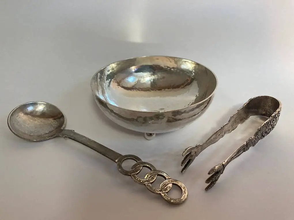 Jezler Silberschale Zuckerschale, Löffel, Zange 800er Silber