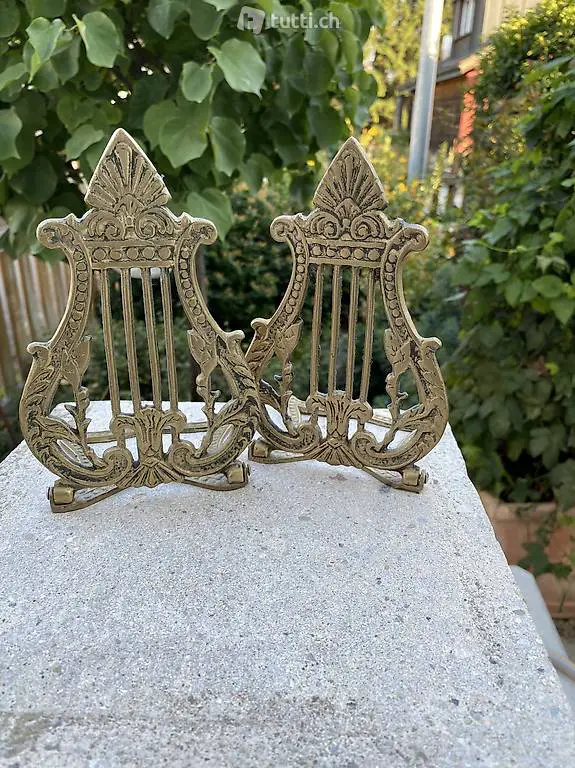 antike Messing-Bücherstützen in Form einer Lyra