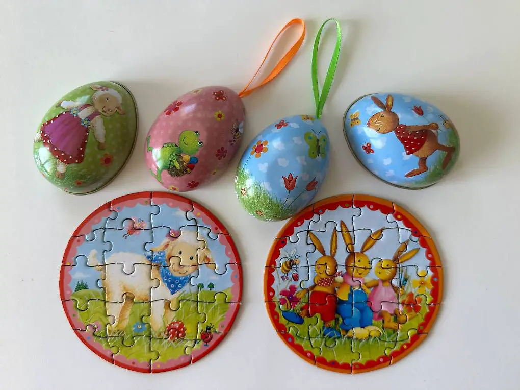 2 seltene Blecheier, Osterei Blech, Osterdeko, Puzzle