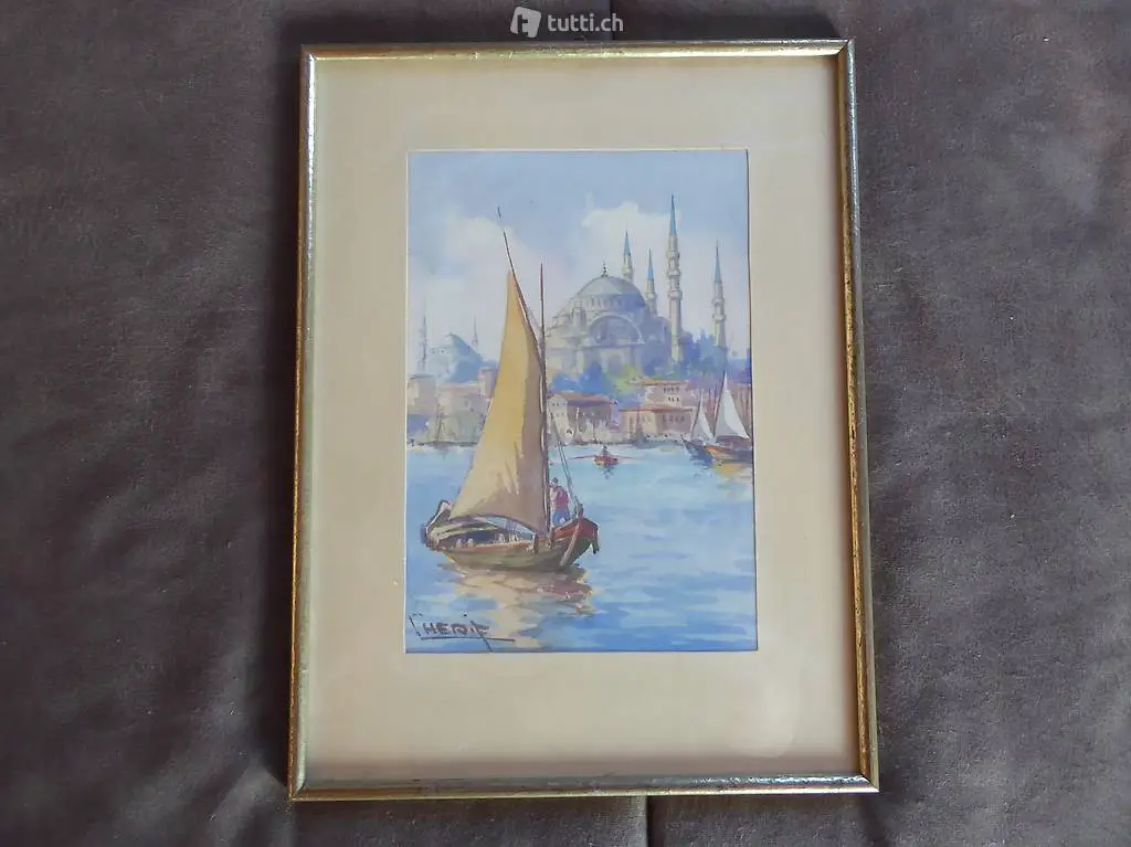 Aquarell Bild Konstantinopel Instanbul Herif m. Rahmen antik