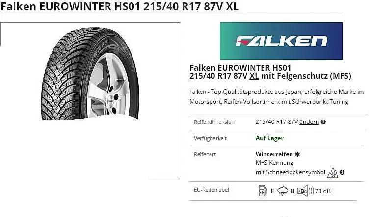 falken eurowinter hs01 215 40 r17 87v xl dot 2018 7-8mm
