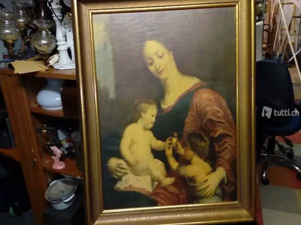 Ein älteres grosses Gemälde mit Goldrahmen Frau mit Kinder