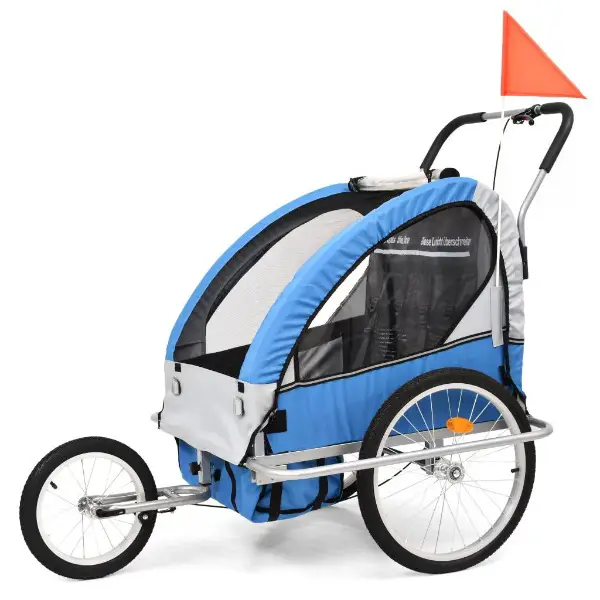 2-in-1 Kinder Fahrradanhänger Kinderwagen Blau und Grau