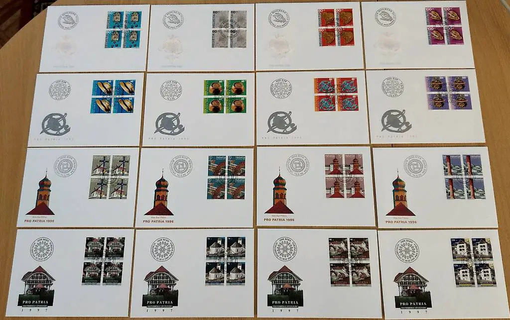 16 FDC 4er Blöcke Pro Patria 1994-1997
