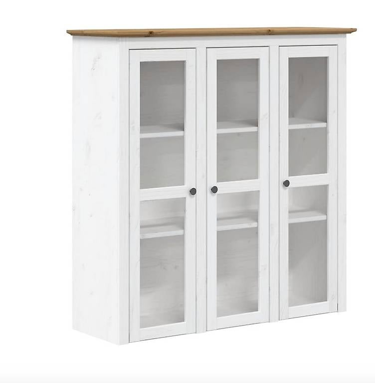 Vitrinenschrank mit Glastüren BODO Weiss und Braun Kiefernhol