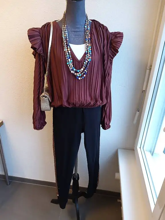 Bluse braun/crop Plissee Gr M bügelfrei Abendbluse