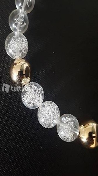 Halskette mit Glasig-Blasen-Steinen, 3 goldimitations Steine