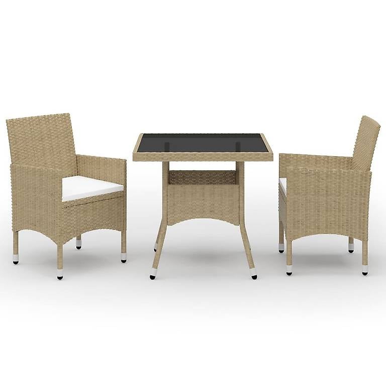Neu3-tlg. Garten-Essgruppe Beige Poly Rattan und Glas