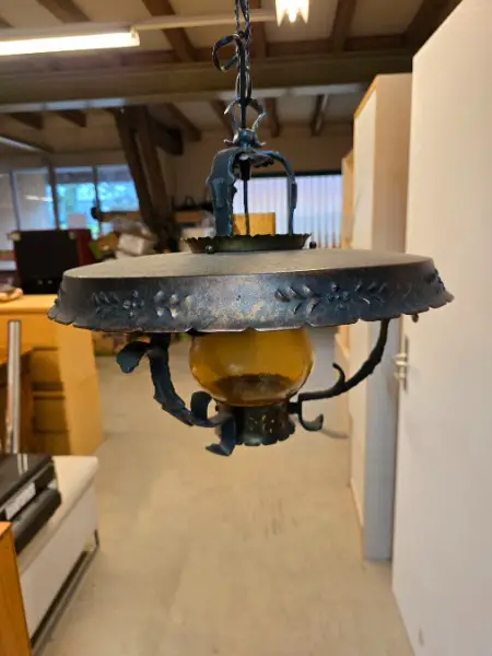 Antike Hängelampe, Schmiedeeisen, Kupfer Jugendstil