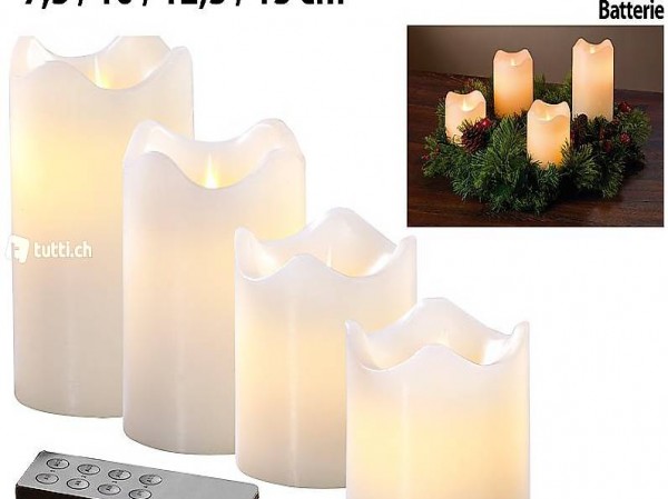  4 Echtwachskerzen mit beweglicher LED-Flamme, abgestuft, wei