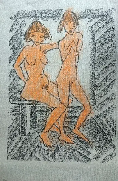Originelle Zeichnung, 2 Mädchen / Frauen, Akt, Unikat