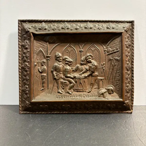 >RAR: altes RELIEFBILD KUPFER mittelalterliche Szene KÜCHE