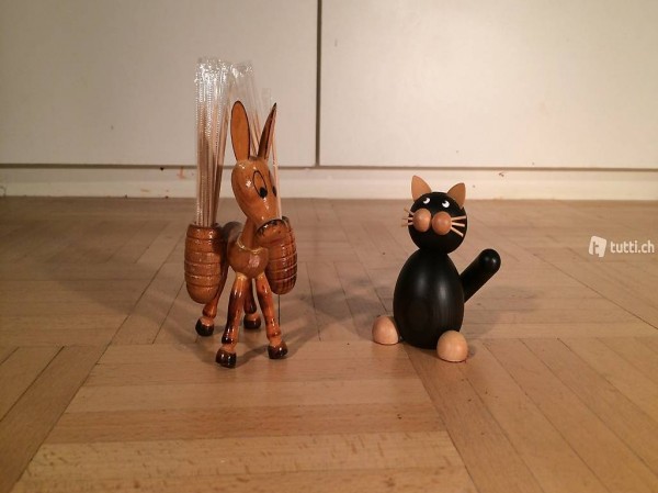 2x Holzfigur Katze & Esel Holztier mid century Deko