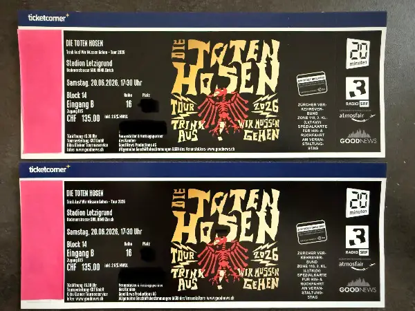 2 Sitzplätze Block 14 Die Toten Hosen, 20.06.2026 Zürich