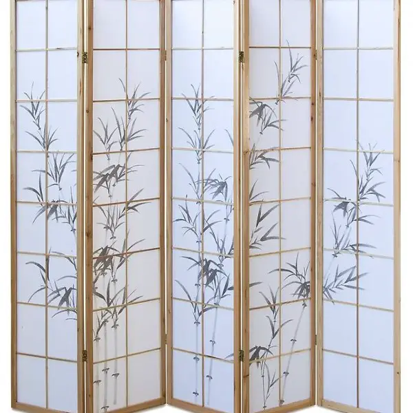  5 fach Holz Paravent Raumteiler natur Bambusmuster