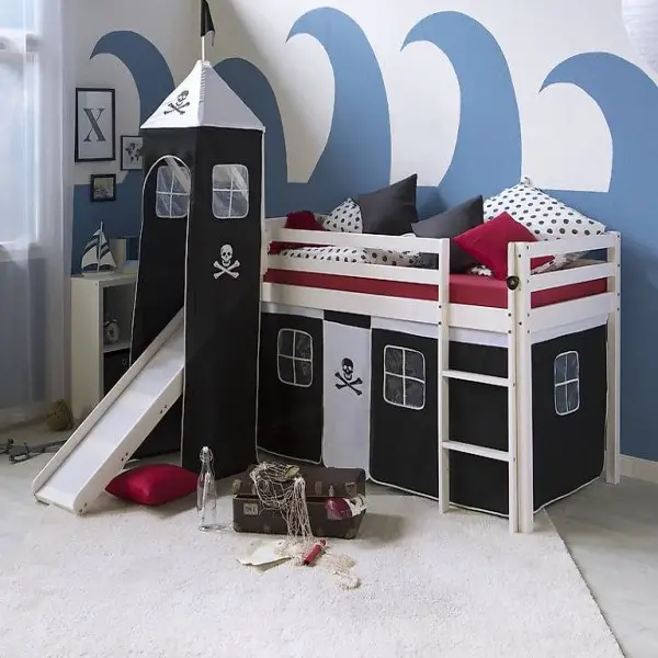  Weisses Hochbett mit Rutsche Leiter Pirat 90x200 cm