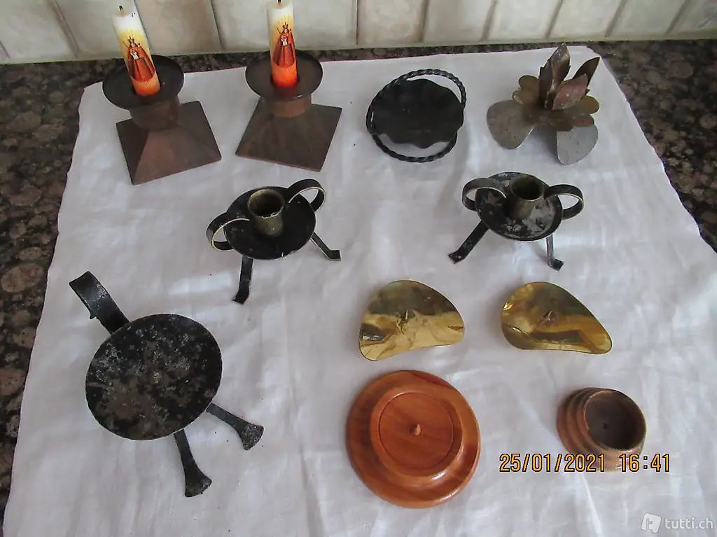 Kerzenständer, Kerzenhalter, Holz, Messing, geschmiedet