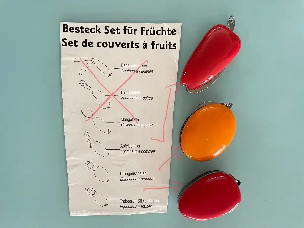 3x Besteck für Früchte Erdbeer Orange Apfel in Fruchtform