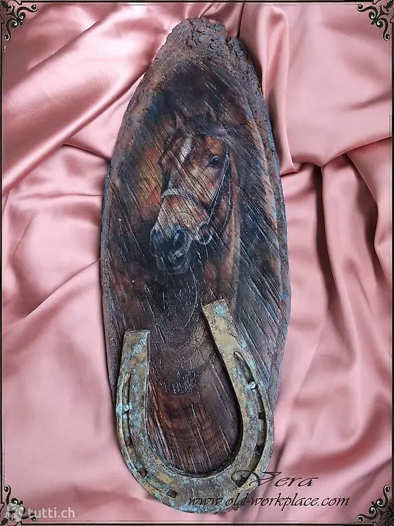 Wandbild "Glücks-Hufeisen" Pferd Holzschnitt Vintage
