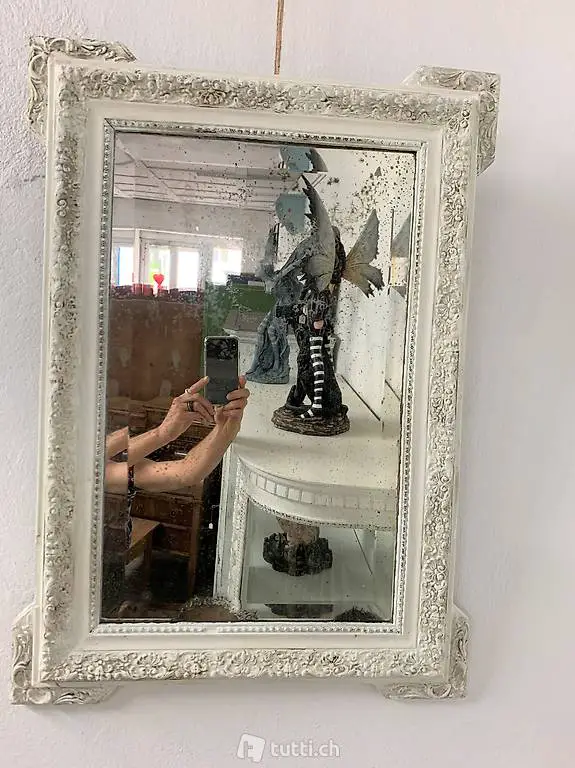 Antik Wandspiegel Facettenschliff Patina weiss shabby chic