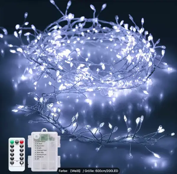 1 weisse Feenlichterkette, 200 LED-Lampen - ca. 6 m
