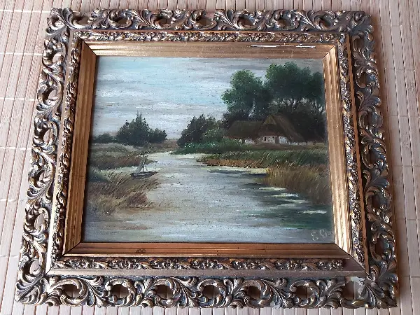 Altes Bild, Flusslandschaft, Haus, Segelschiffchen