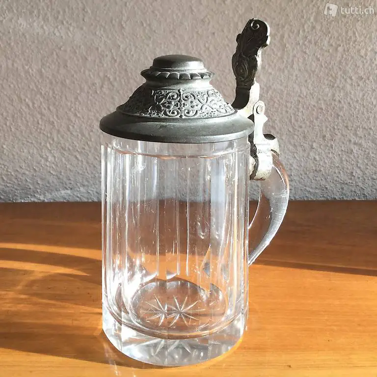 Glaskrug Bierkrug mit Zinndeckel