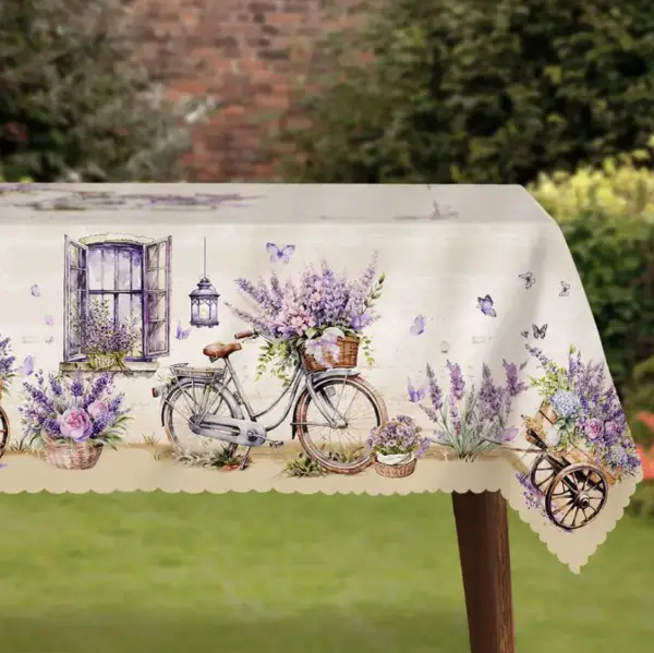 Tischdecke mit Blumenmuster, Vintage Lavendel und Fahrrad Design