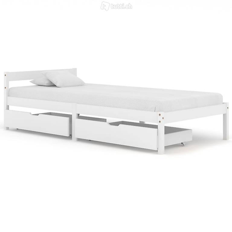  Massivholzbett mit 2 Schubladen Weiss Kiefer 100x200 cm