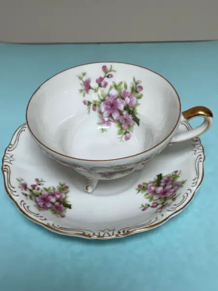 Norcrest Teetasse Unterteller Porzellan Blumenmotiv Füsschen