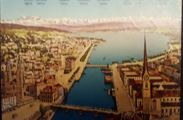 Ansichtskarte Zürich und die Alpen vom St. Peter 1914