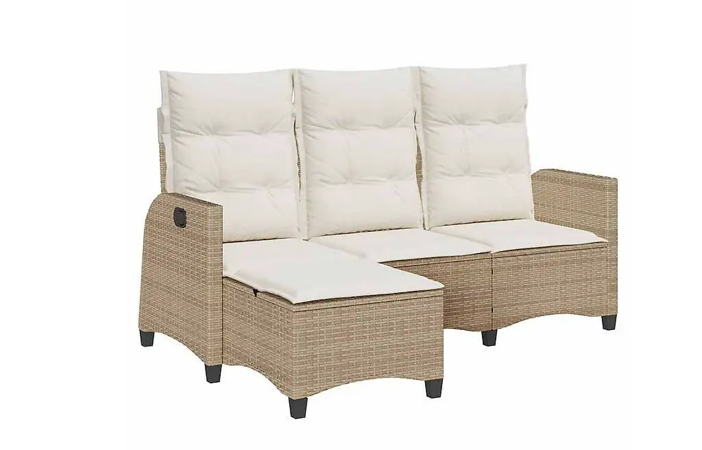 Gartensofa mit Liegefunktion Kissen L-Form Beige Poly Rattan