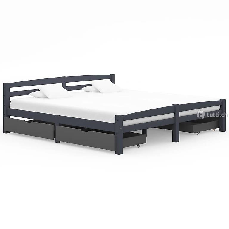  Massivholzbett mit 4 Schubladen Dunkelgrau Kiefer 180x200cm