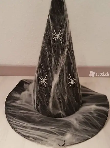 Hexenhut mit Spinnweben und Leuchtspinnen für Halloween